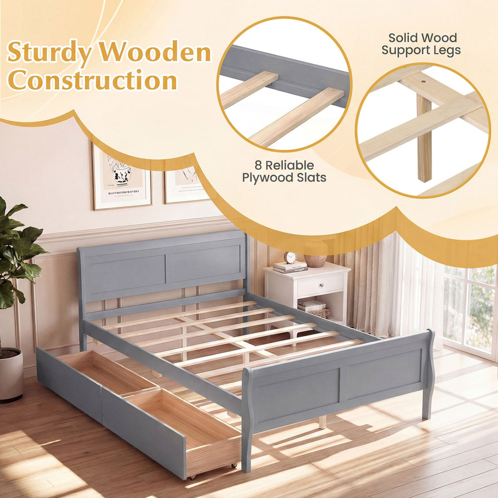 Full size gray bed frame with curved footboard, 2 storage drawers, and sturdy plywood slats for kids and teens.