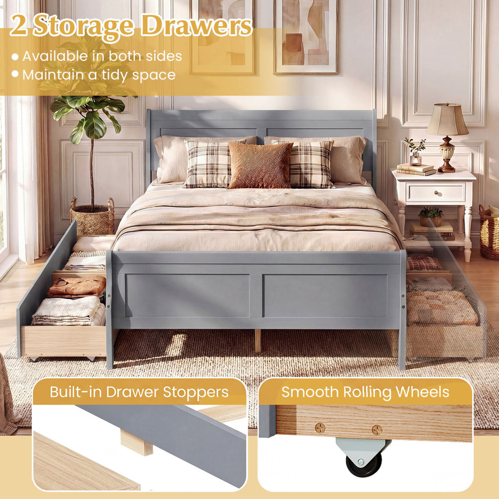 Full size gray bed frame with 2 storage drawers, featuring smooth rolling wheels and a modern headboard for stylish.