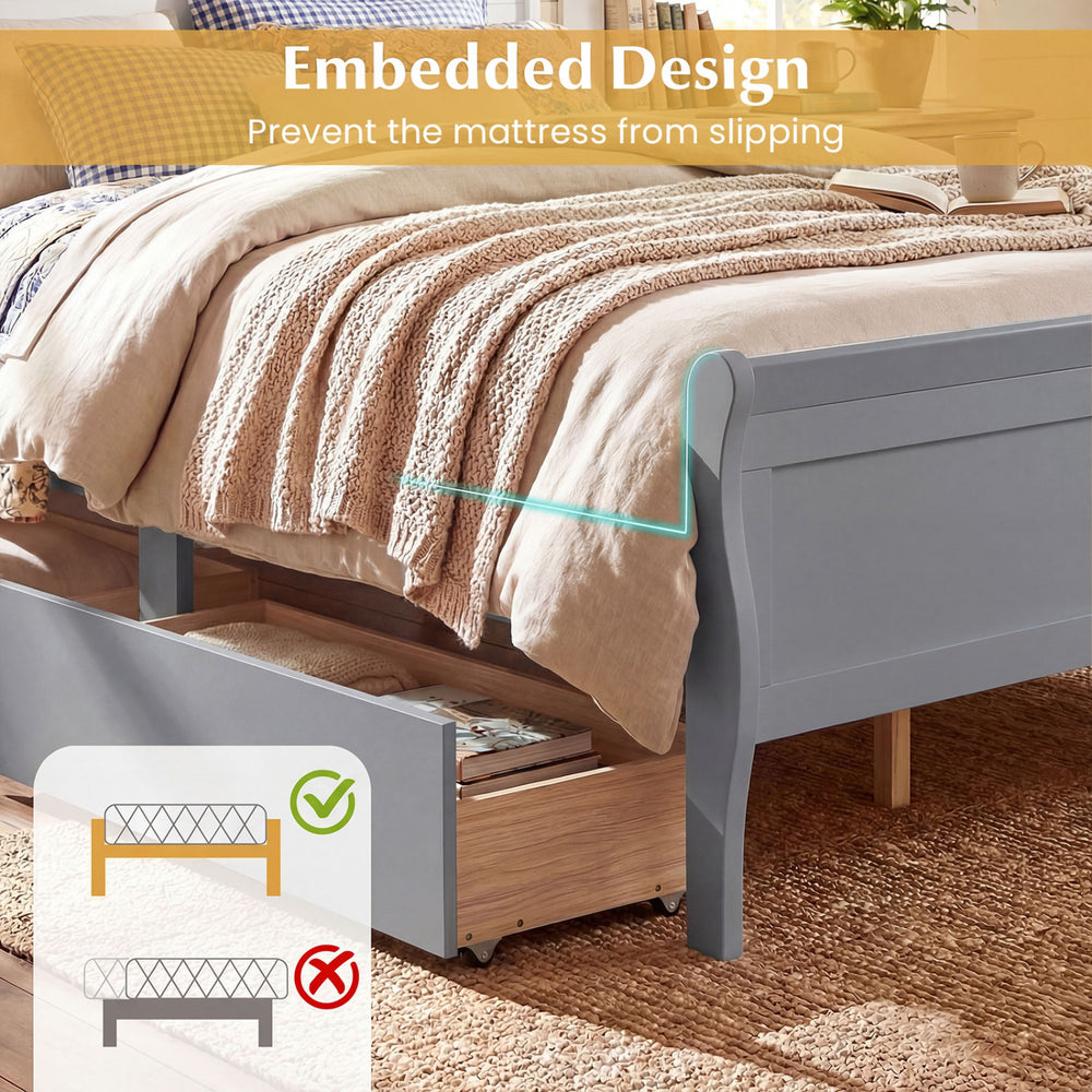 Full size gray bed frame with embedded design, featuring 2 storage drawers and a modern headboard for kids and adults.