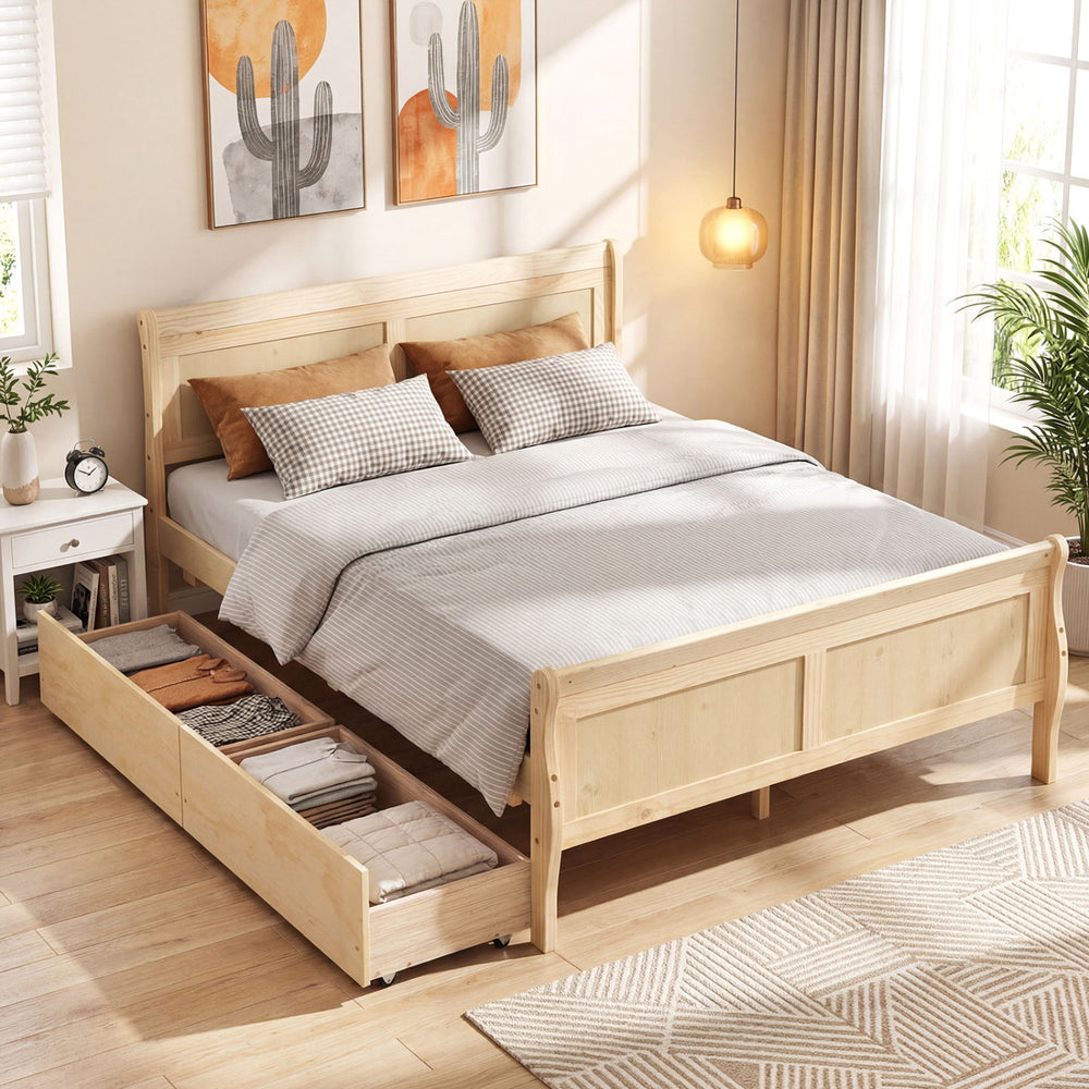 Full Size Bed Frame with 2 Storage Drawers and Footboard for Kids Teens Adults-Natural - Gallery View 1 of 11