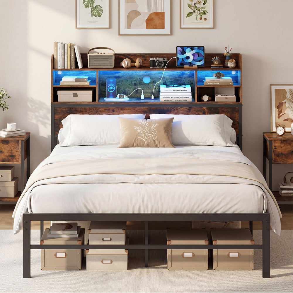 Full size bed frame in rustic brown with a spacious headboard design, featuring LED lights and integrated charging.