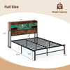 Full size bed frame in rustic brown with LED lights and charging station, featuring a sturdy metal base and headboard.