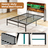 Full size metal bed frame in rustic brown with headboard, LED lights, and charging station for modern bedrooms.