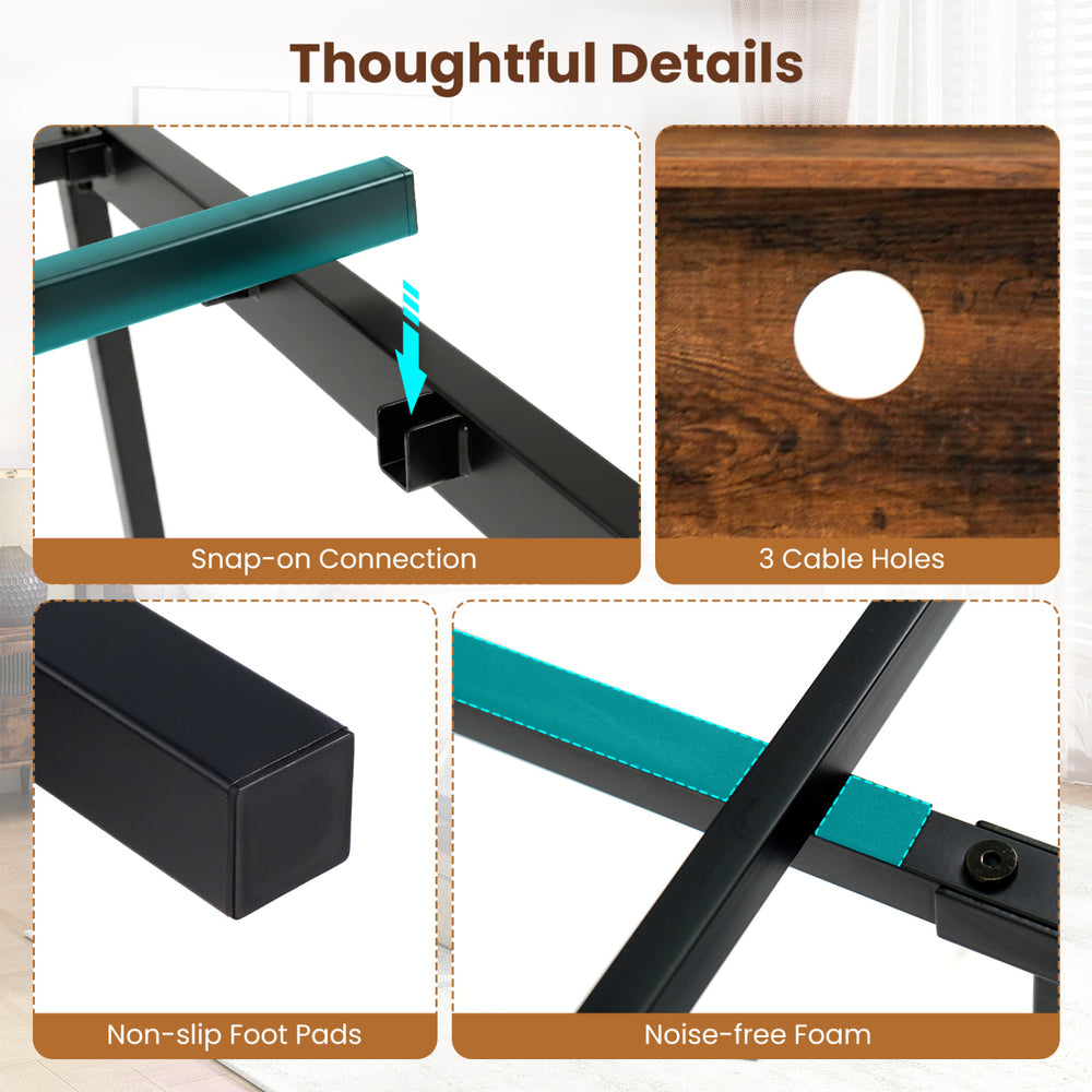 Detail shots of the Full Size Bed Frame showcasing snap-on connection, cable holes, and non-slip foot pads in rustic.