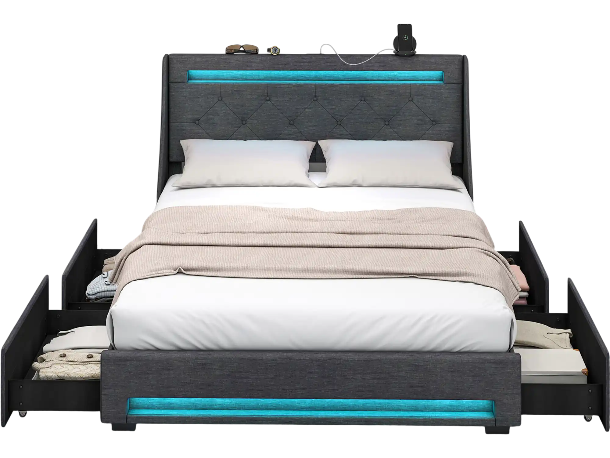 Costway Full Bed Frame LED Wingback Headboard Charging Station Grey 42173965 New