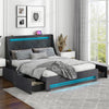 Full size bed frame in grey featuring a button-tufted headboard, LED lights, and side pouches for convenient storage.