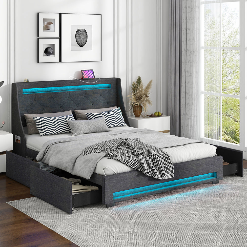 Full size bed frame in grey featuring a button-tufted headboard, LED lights, and side pouches for convenient storage.