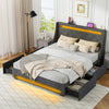 Full size grey bed frame with LED lights, wingback headboard, and four spacious drawers for organized storage.