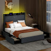 Full/Queen size bed frame with LED lights, upholstered headboard, and four slide-out storage drawers for modern.