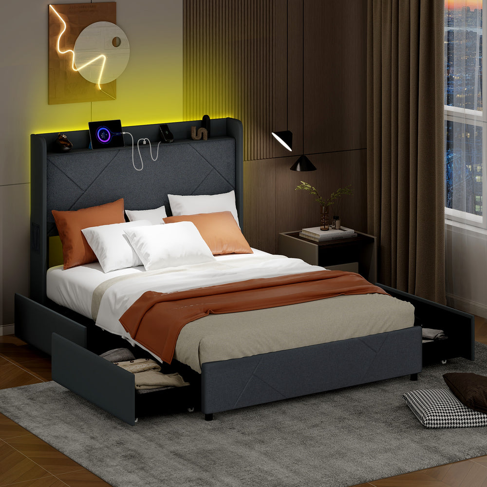 Full/Queen size bed frame with LED lights, upholstered headboard, and four slide-out storage drawers for modern.