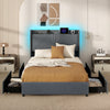 Full/Queen size bed frame with LED lights, upholstered headboard, and storage drawers for modern bedroom convenience.