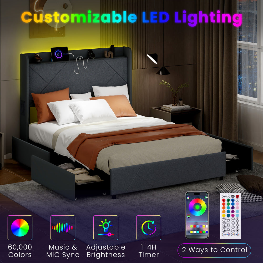 Full size bed frame with customizable LED lights, modern upholstered headboard, and ample storage drawers for bedroom.