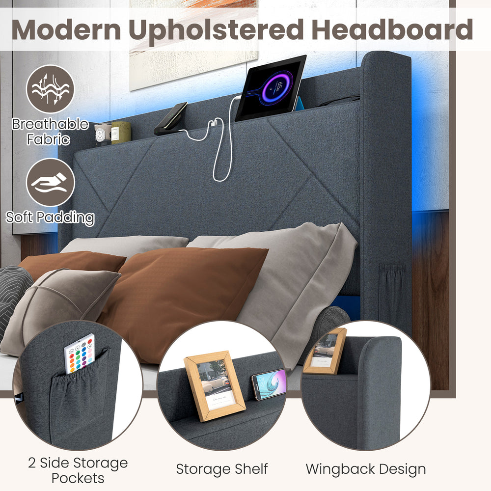 Modern upholstered headboard with breathable fabric, soft padding, and side storage pockets for convenient organization.