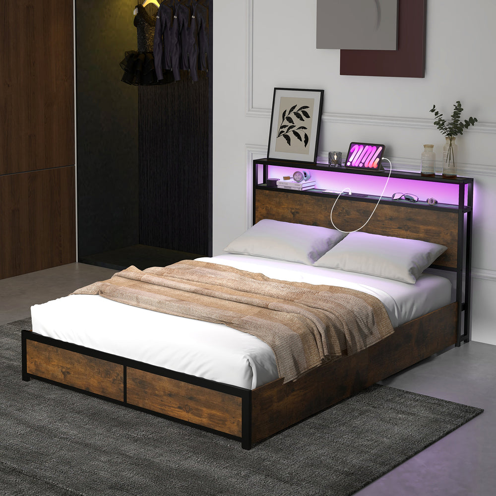 Costway Bed Frame with Smart LED Lights and Storage Drawers Full/Queen Size New