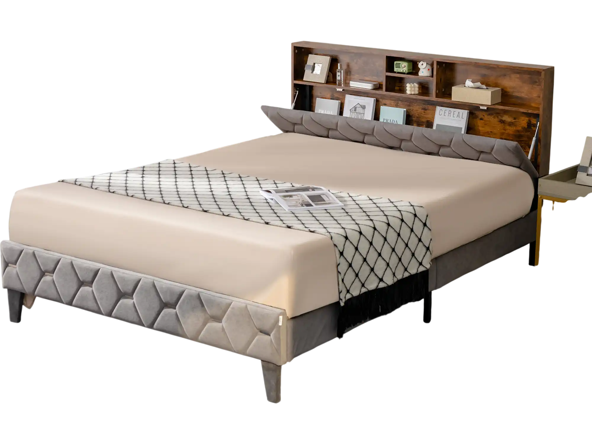 Costway Upholstered Bed Frame with Storage Headboard Full 58467912 New