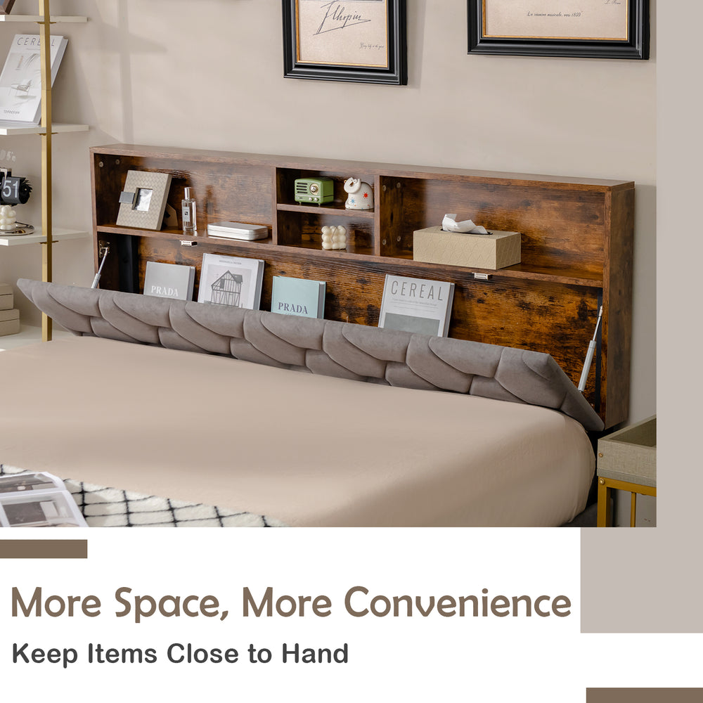 Upholstered bed frame with storage headboard, featuring 4 compartments and a noise-reducing design for full/queen.