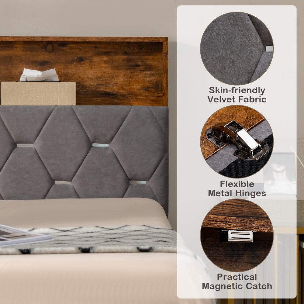 Upholstered headboard with flexible metal hinges and magnetic catch, designed for full/queen size bed frame storage.