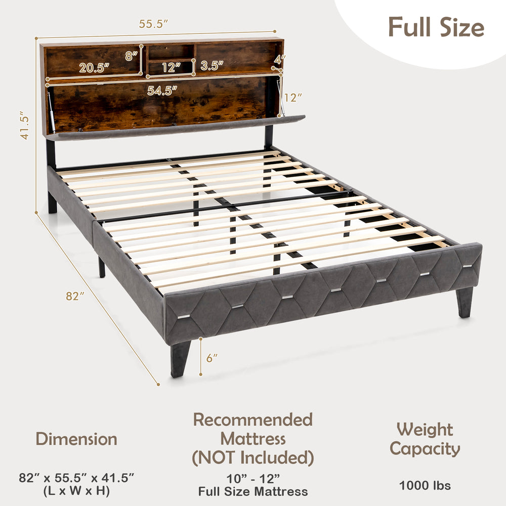 Full size upholstered bed frame with storage headboard, featuring 4 compartments and a weight capacity of 1000 lbs.