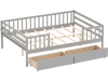 Gray full-size daybed with fence, featuring two pull-out storage drawers for organized children's room.