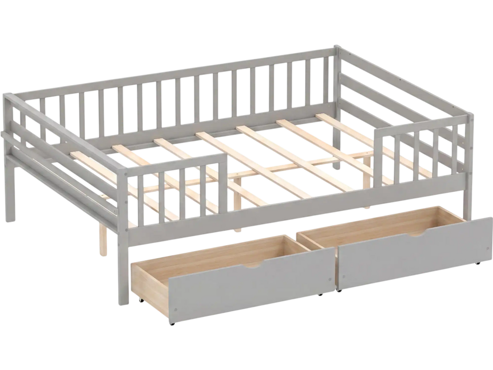 Gray full-size daybed with fence, featuring two pull-out storage drawers for organized children's room.