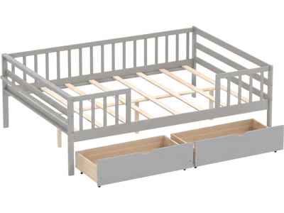 Costway Full Size Kids Daybed Bed Frame with Fence & 2 Drawers 68432070 New