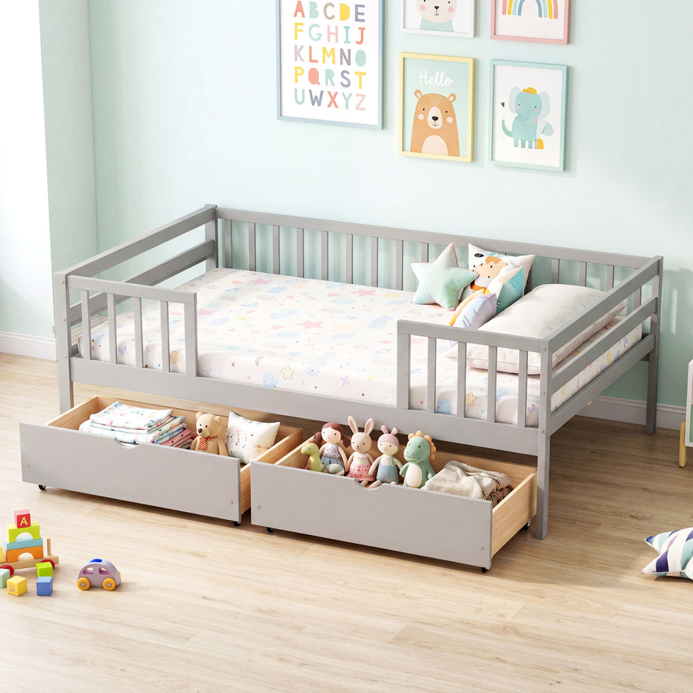 Full Size Daybed with Fence and 2 Drawers for Boys and Girls-Gray - Gallery View 1 of 10