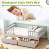 Full size gray daybed with fence and two pull-out storage drawers, ideal for children's toys and books.