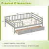 Full size gray daybed with fence, featuring two pull-out storage drawers and dimensions for easy assembly and use.