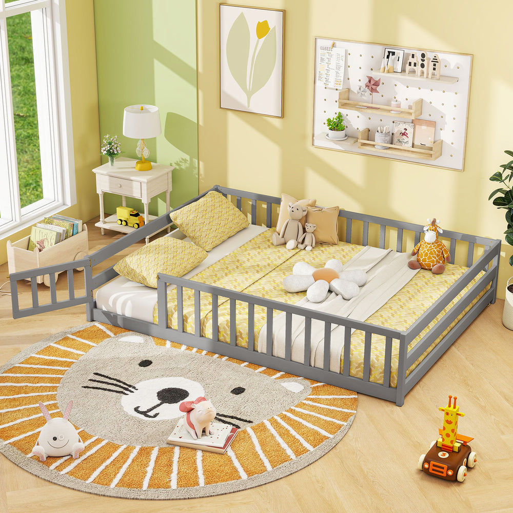 Full Size Floor Bed with Full Length Safety Guardrails-Gray - Gallery View 1 of 8