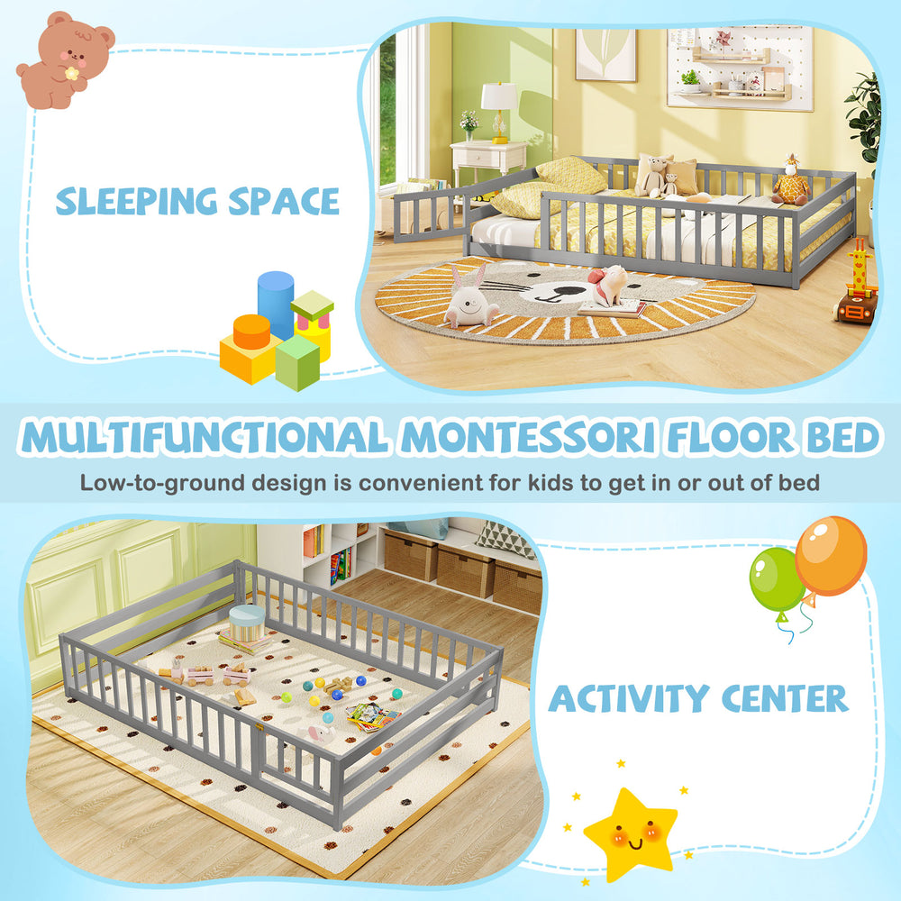 Full size gray Montessori floor bed with safety guardrails, perfect for sleeping or as an activity center for kids.