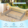 Full size gray floor bed with solid wood frame and full-length safety guardrails, ideal for kids' sleeping and play.