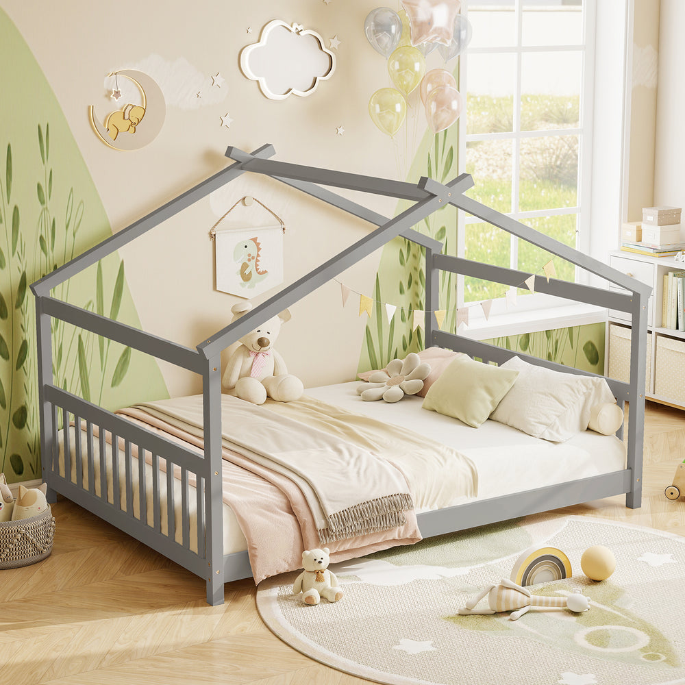 House-shaped gray Montessori floor bed with headboard, designed for creativity and easy access for children.