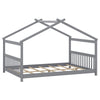 Gray house-shaped Montessori floor bed with headboard, featuring solid wood legs and 7 plywood slats for support.