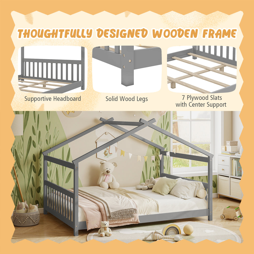 Full size house bed in gray with supportive headboard, solid wood legs, and 7 plywood slats for children's creativity.