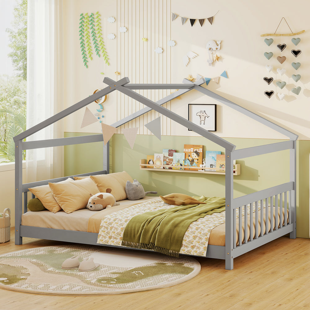 Full-size gray house bed with headboard, designed for children's creativity and easy access, suitable for floor use.