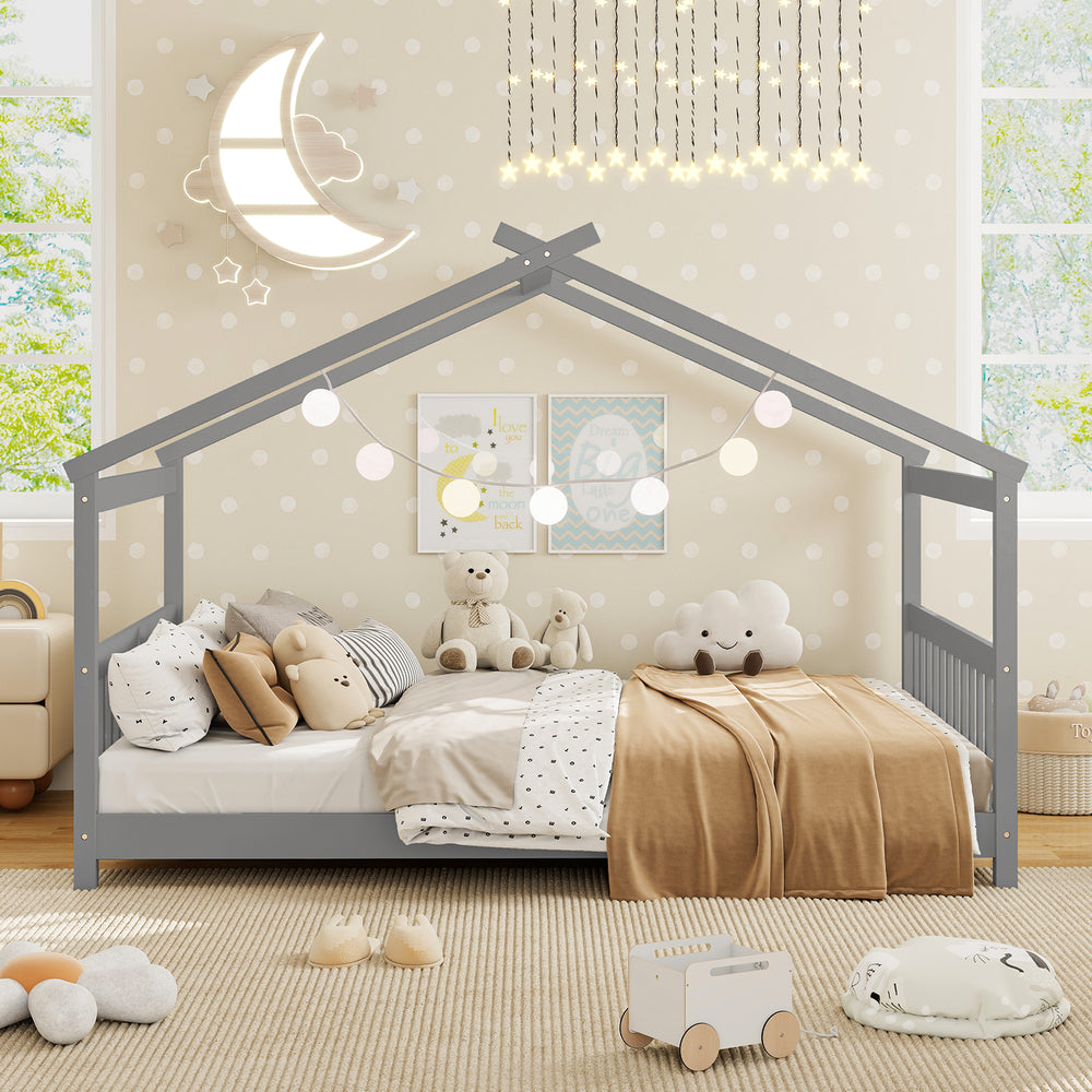 Gray house-shaped Montessori floor bed with supportive headboard, designed for children's creativity and imagination.