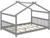 Gray house-shaped Montessori floor bed with headboard, designed for a full-size mattress, promotes creativity and.