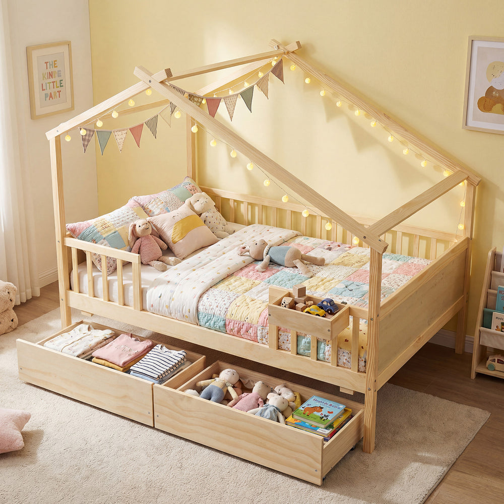 House-shaped full-size bed with fence rails, natural wood finish, and two storage drawers for kids' toys and blankets.