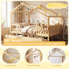 Full-size house bed with roof and fence rails, natural wood design, includes storage drawers for kids' toys and clothes.