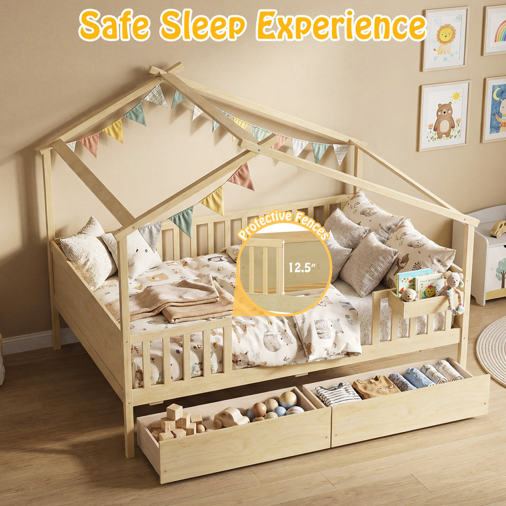 Full size house bed with roof and fence rails, natural wood, featuring storage drawers for toys and clothes.