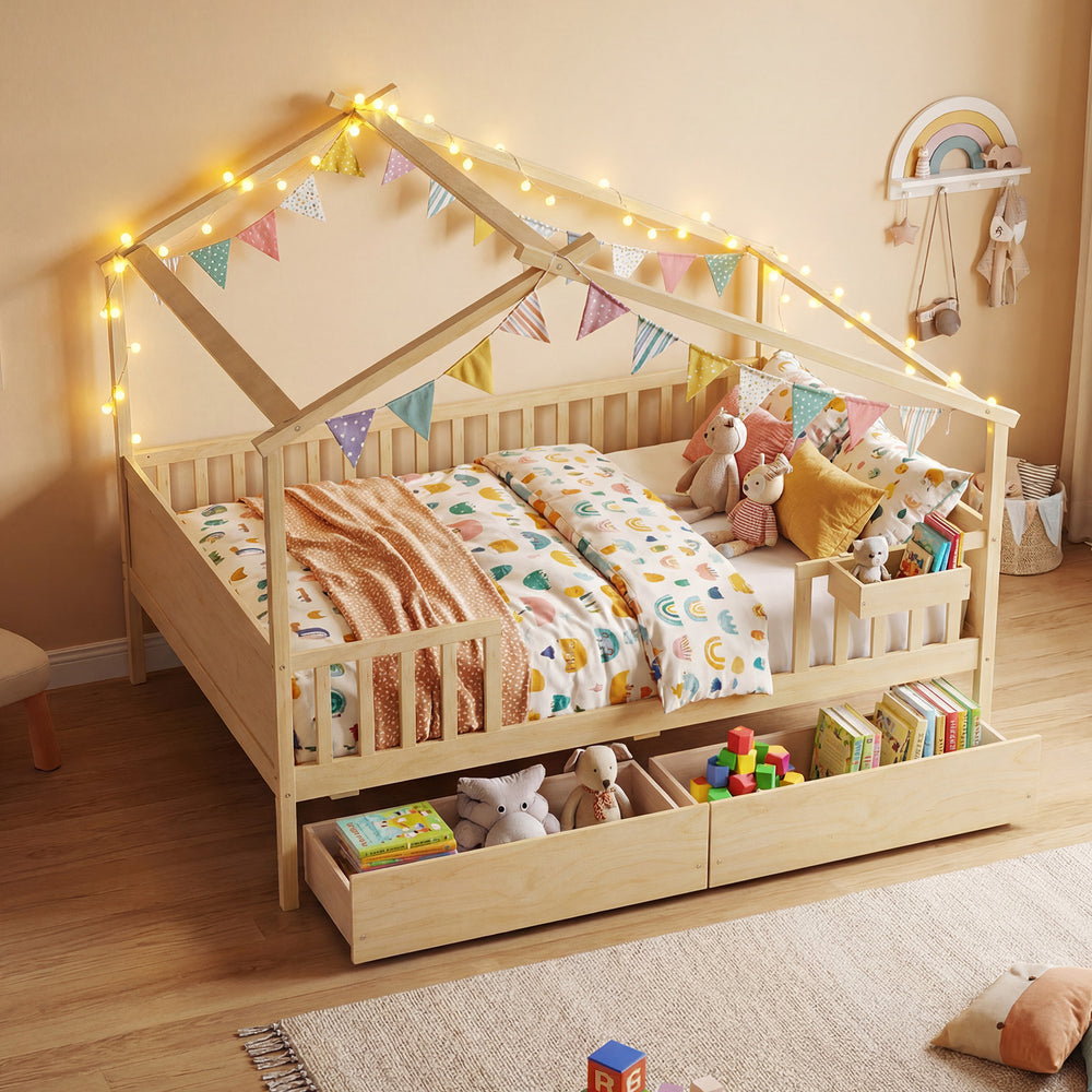 House-shaped full-size bed with fence rails and storage drawers, designed for kids' imaginative play and organization.