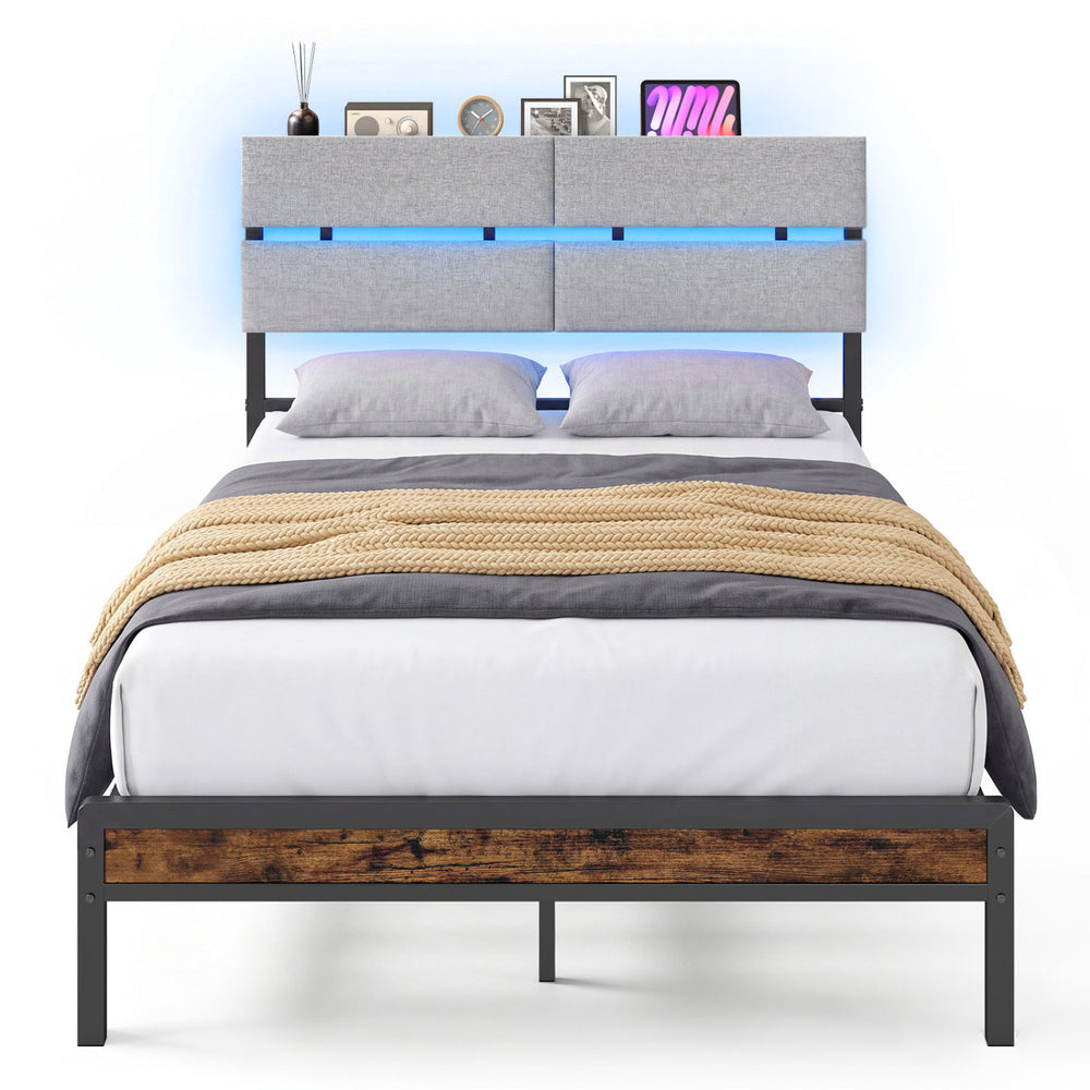Full size metal bed frame with LED lights, upholstered headboard, and charging station for convenient device use.