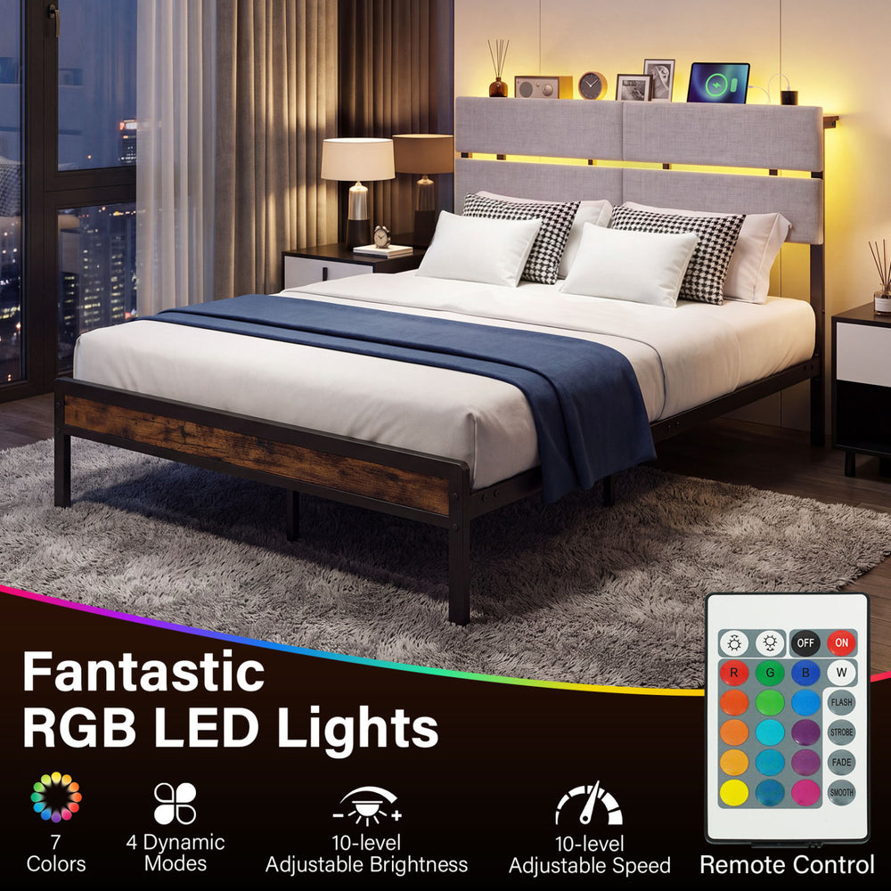 Full size metal bed frame with RGB LED lights, storage headboard, and charging station for convenient use.