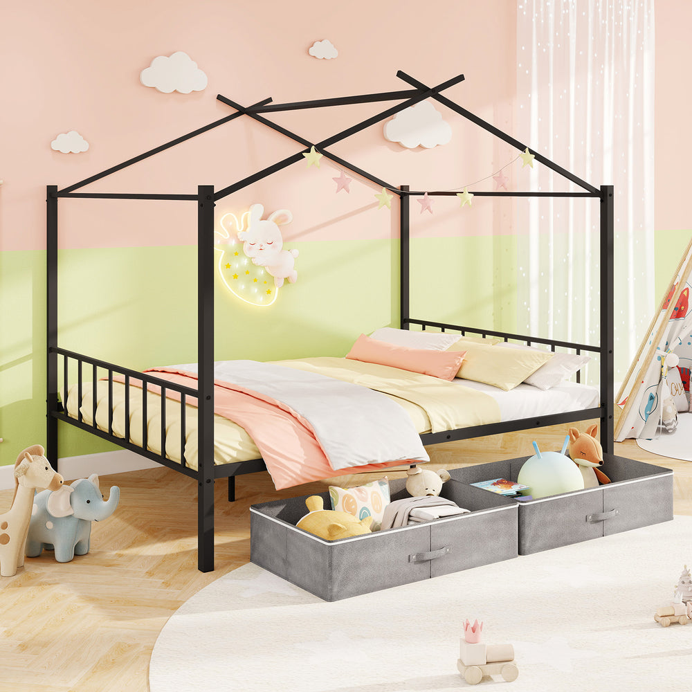 Black metal house bed for kids with a cozy design, featuring two foldable fabric drawers for easy organization.