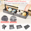 Two foldable fabric drawers in gray for organizing items under a black metal house bed, featuring convenient handles.
