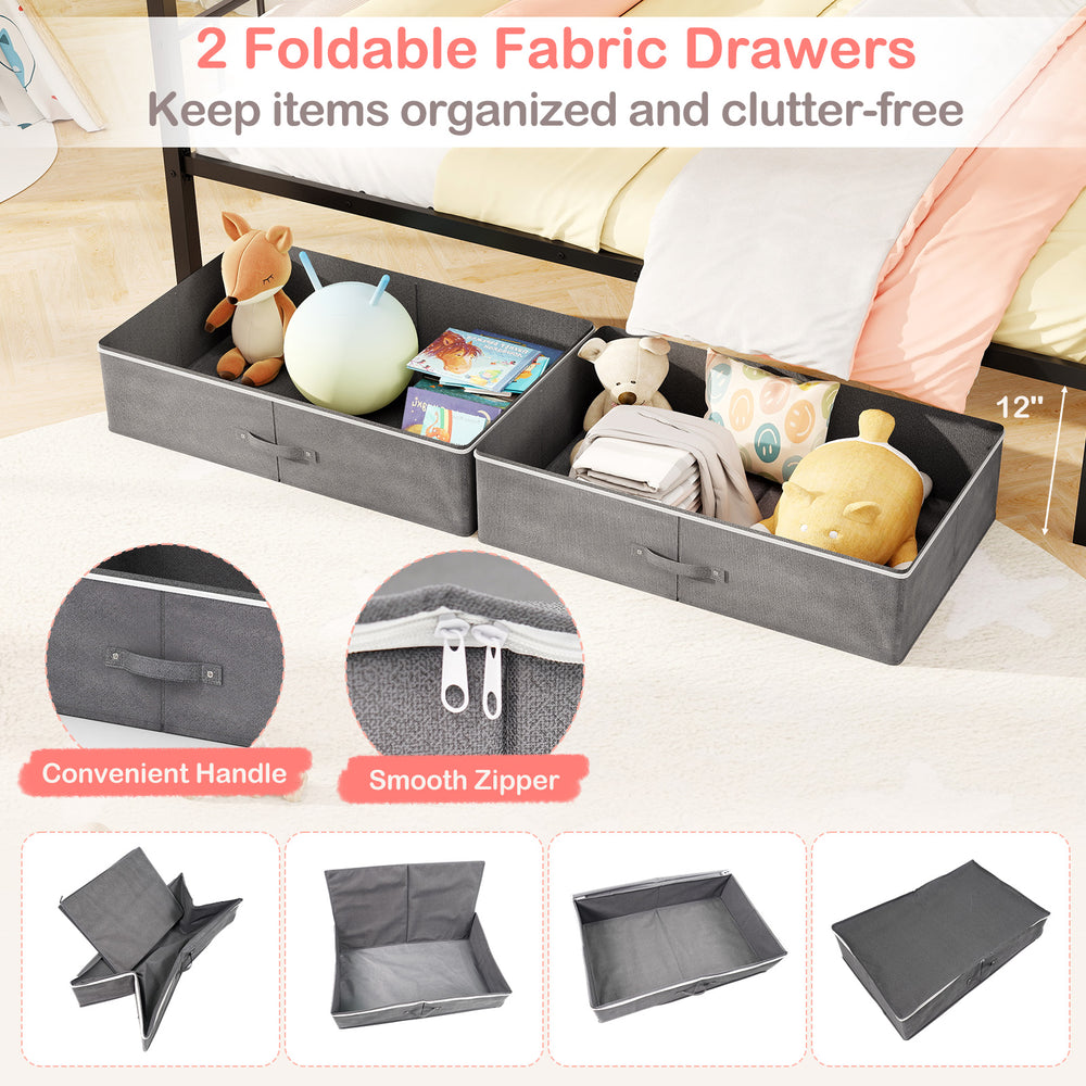 Two foldable fabric drawers in gray for organizing items under a black metal house bed, featuring convenient handles.
