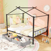 Full size black metal house bed with two fabric drawers, featuring a charming design for kids' rooms and organized.