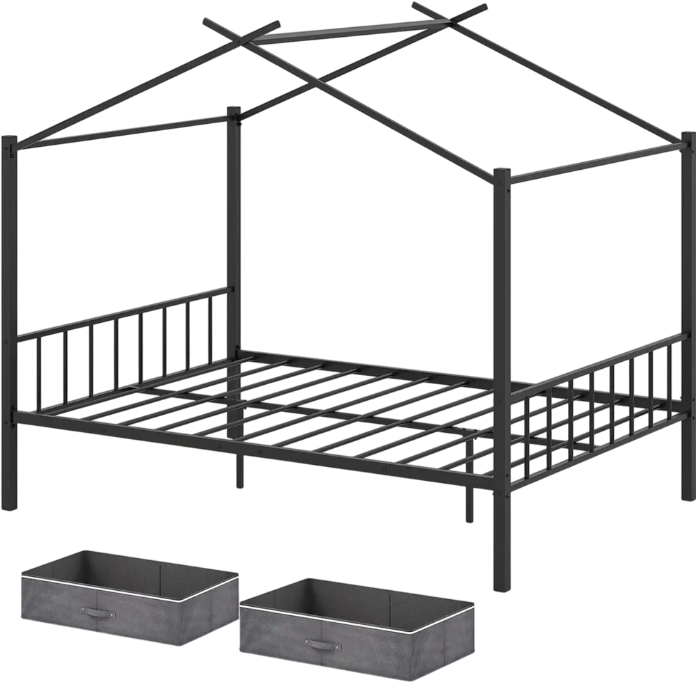 Full size black metal house bed with two fabric drawers, featuring sturdy slats and a charming design for kids' rooms.