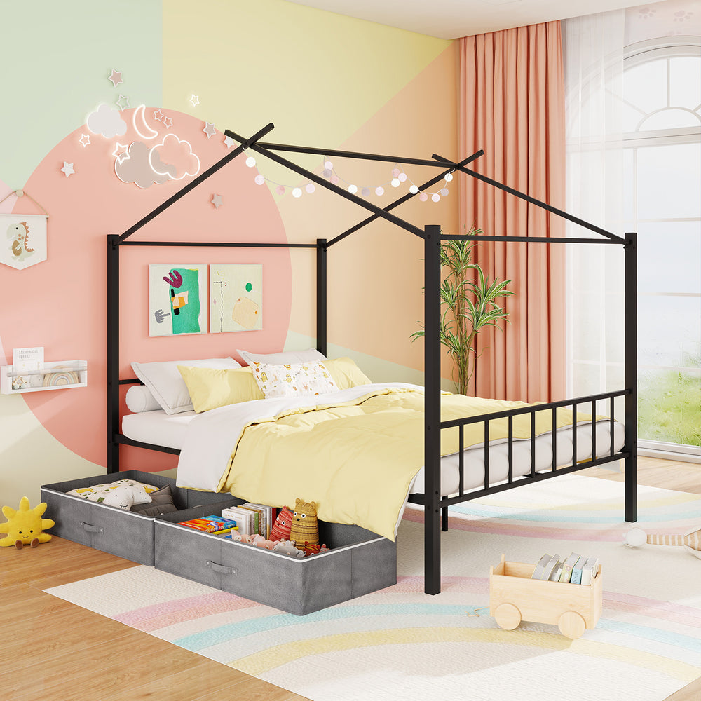 Full size black metal house bed with two fabric drawers, perfect for kids' rooms, featuring a charming design and.