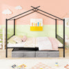 Full size black metal house bed for kids with two fabric drawers, featuring a charming design and sturdy construction.